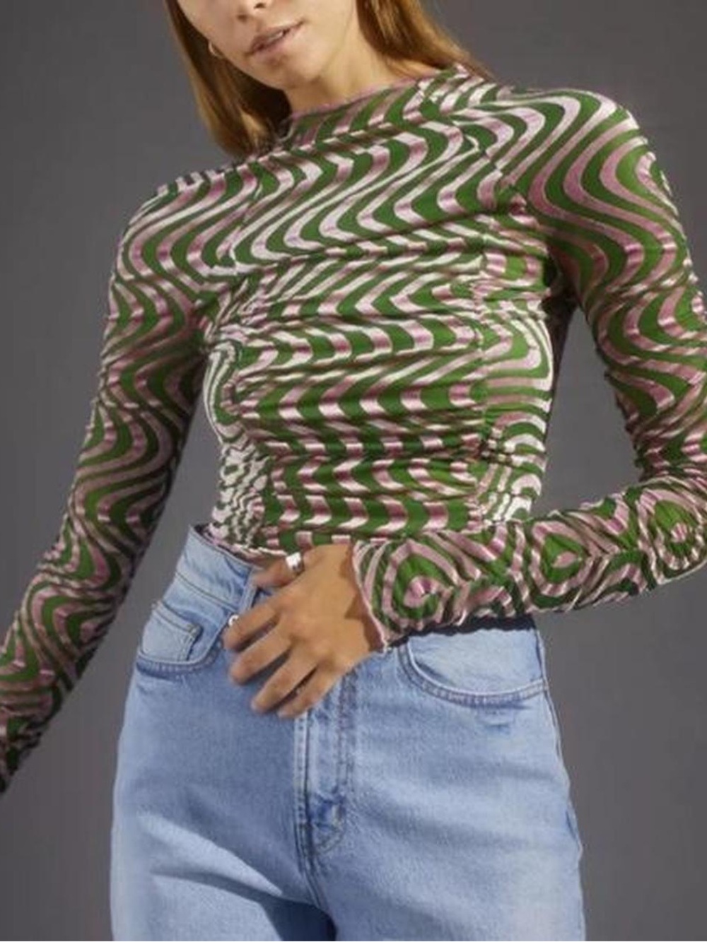Urban Outfitters Ruched Long-Sleeve Wave Print Top in Green and Pink